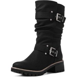 GLOBALWIN Women’s Mid Calf Dress Boots Biker Motorcycle Riding Boots Women For Women(21yy08black)