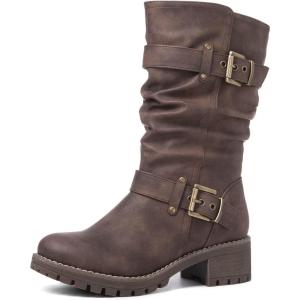 GLOBALWIN Women’s Mid Calf Dress Boots Biker Motorcycle Riding Boots Women For Women(21yy08brown)