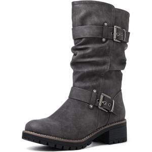 GLOBALWIN Women’s Mid Calf Dress Boots Biker Motorcycle Riding Boots Women For Women(21yy08grey)