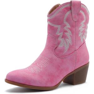 GLOBALWIN Women’s Mid Calf The Western Cowboy Boots Fashion Cowgirl Boots For Women Low Heel(22yy10 Pink)