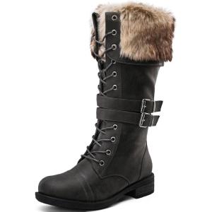 GLOBALWIN Women’s Mid Calf To Knee High Boots Dressy Lace Up Combat Boots for Women Low Heel(17yy02grey)