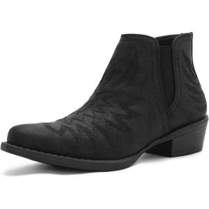 GLOBALWIN Women’s Western Ankle Booties Snipped Square Toe Embroidered Cowboy Chelsea Boots, Low Stacked Block Heel, Comfortable Pull-On Short Cowgirl Boots(25yy05 Black)