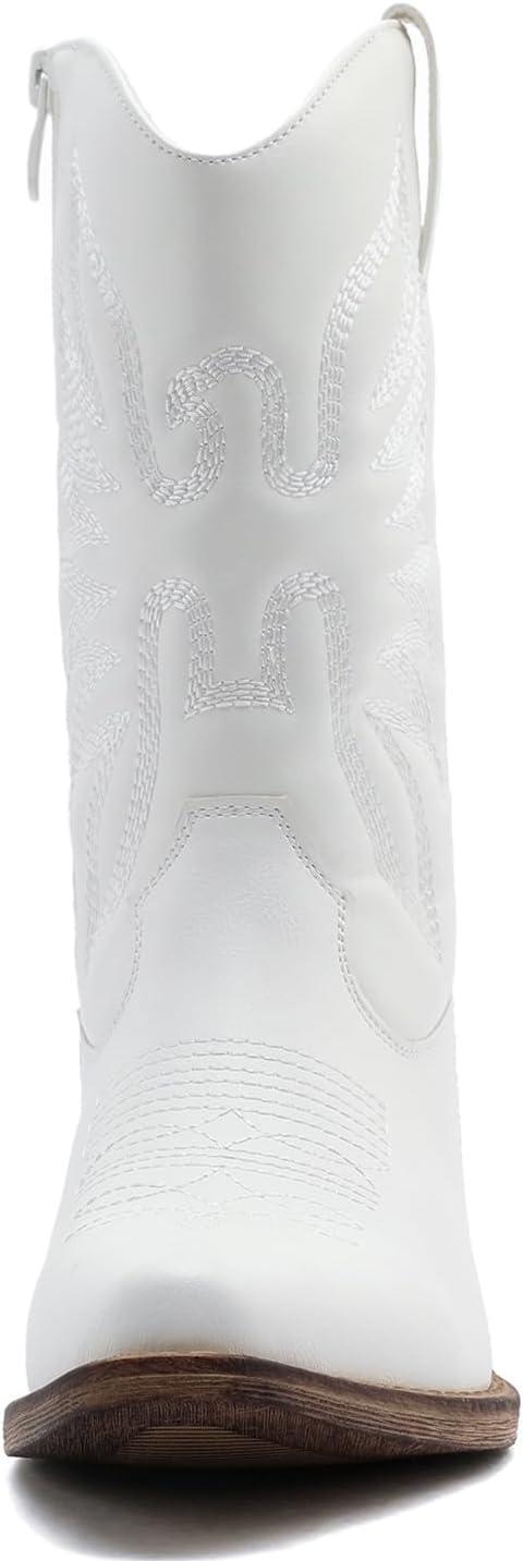 imageGLOBALWIN Black Cowboy Boots For Women Cowgirl Boots With Low Heel Comfortable Embroidered Western Boots Snip Toe MidCalf BootsWhite
