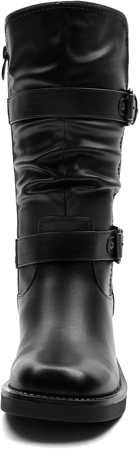 imageGLOBALWIN Chunky Mid Calf Fashion Dressy Motocycle Biker Military Style Combat Boots for Women Low Heel24yy01 Black