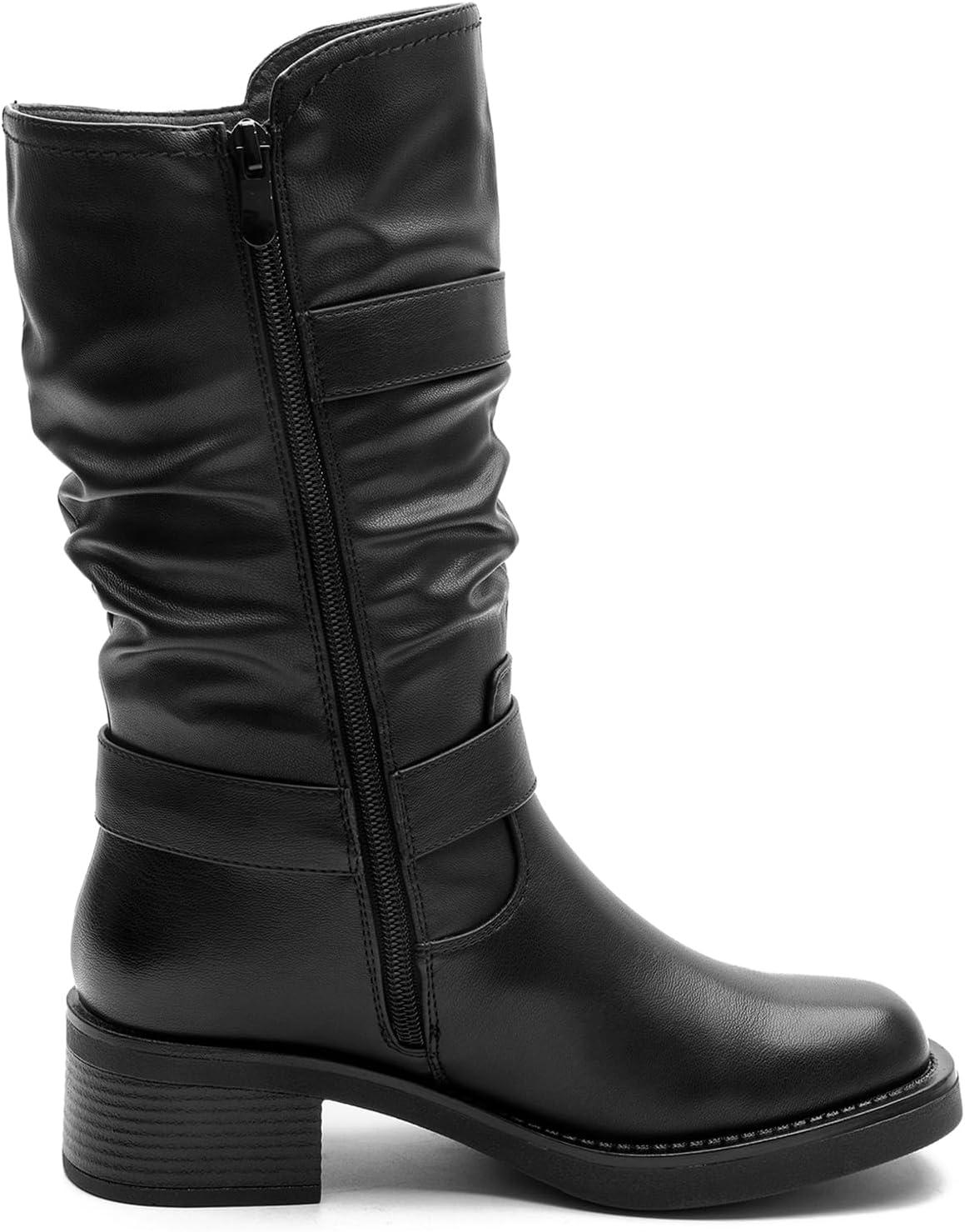 imageGLOBALWIN Chunky Mid Calf Fashion Dressy Motocycle Biker Military Style Combat Boots for Women Low Heel24yy01 Black