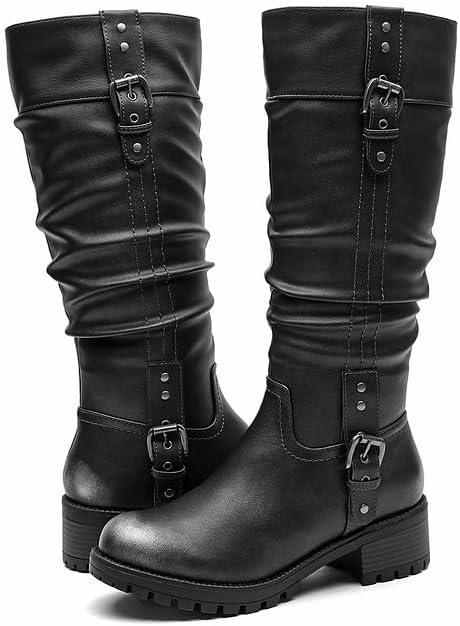 imageGLOBALWIN Womens Black KneeHigh Boots Fashion Dressy Riding Boots Chunky Low Heel Slouchy Design Buckle Detail AllSeason Comfortable 2Inch Heels24yy03 Distressed Silver