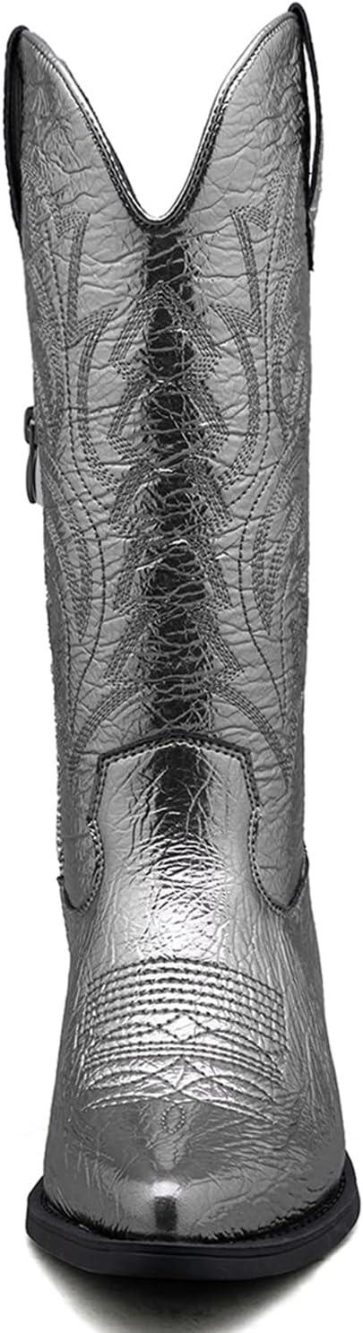 imageGLOBALWIN Womens Mid Calf Western Cowboy Boots Cowgirl Boots for Women with Floral Embroidery Side Zipper Chunky Heel23yy13 Dark Silver2