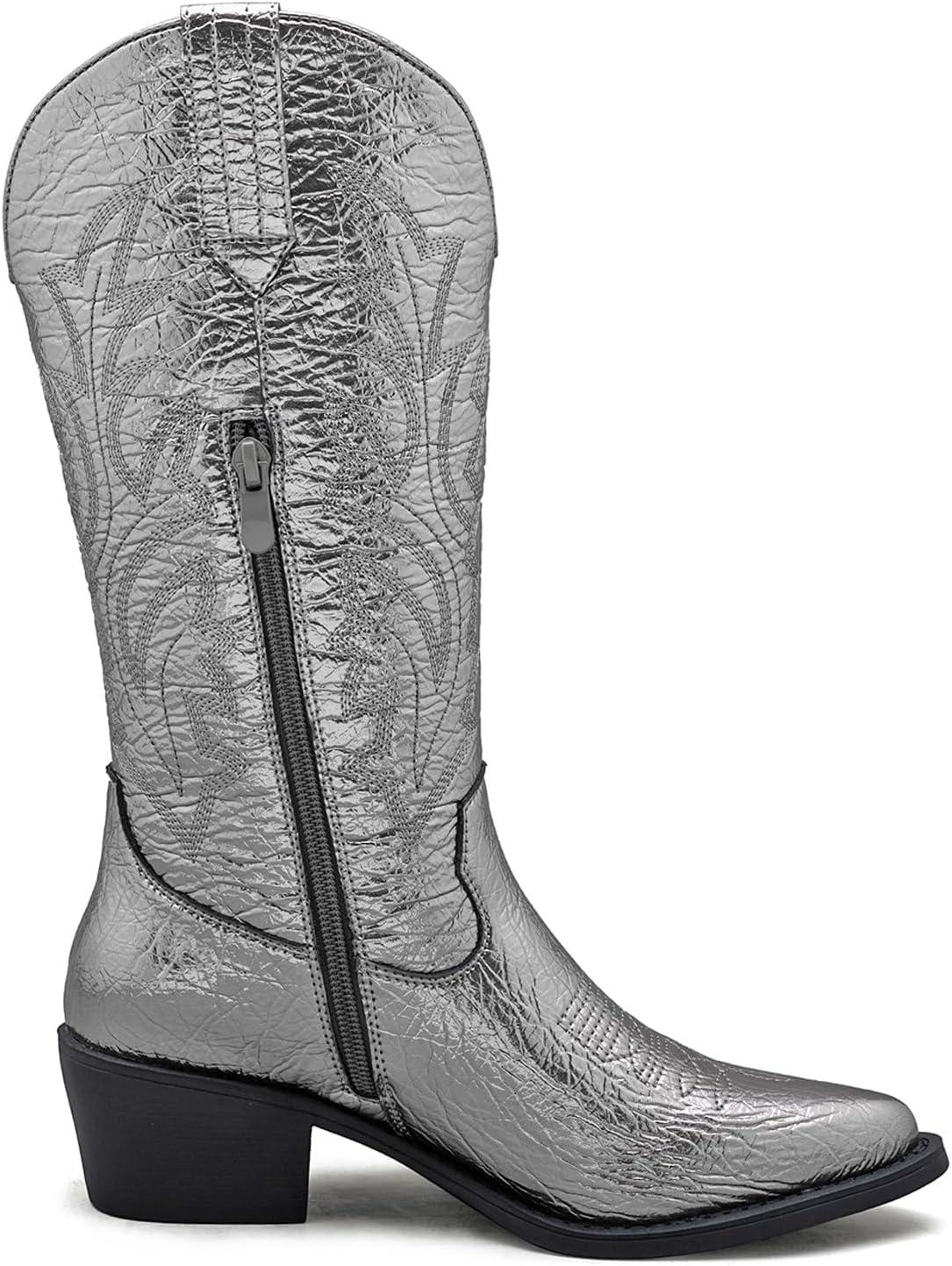 imageGLOBALWIN Womens Mid Calf Western Cowboy Boots Cowgirl Boots for Women with Floral Embroidery Side Zipper Chunky Heel23yy13 Dark Silver2