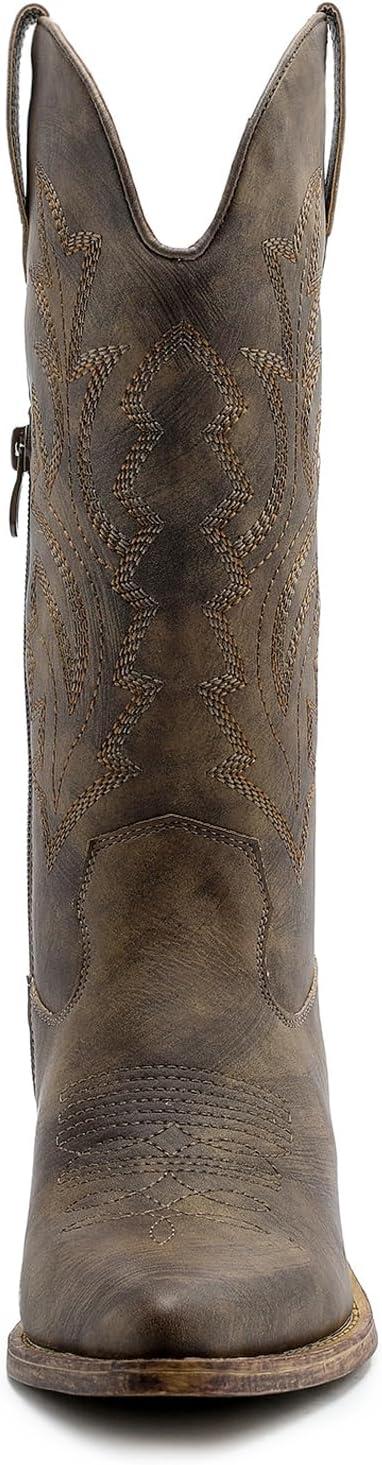 imageGLOBALWIN Womens Mid Calf Western Cowboy Boots Cowgirl Boots for Women with Floral Embroidery Side Zipper Chunky HeelBrown