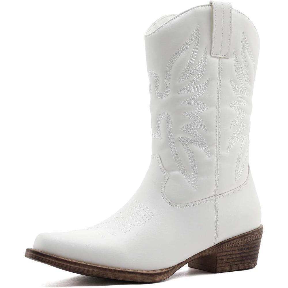 imageGLOBALWIN Black Cowboy Boots For Women Cowgirl Boots With Low Heel Comfortable Embroidered Western Boots Snip Toe MidCalf BootsWhite