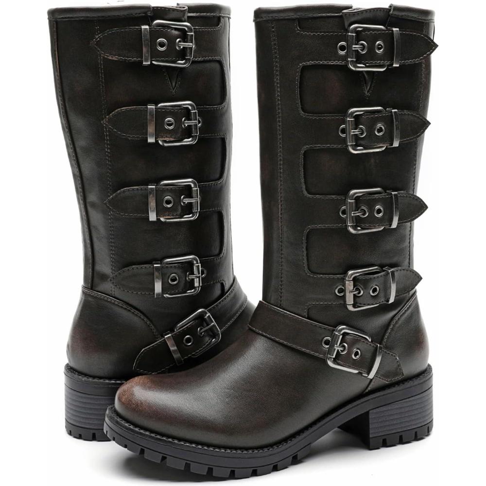 imageGLOBALWIN Chunky Mid Calf Fashion Dressy Motocycle Biker Military Style Combat Boots for Women Low Heel23yy11 Brown Distressed