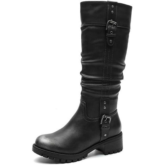 imageGLOBALWIN Womens Black KneeHigh Boots Fashion Dressy Riding Boots Chunky Low Heel Slouchy Design Buckle Detail AllSeason Comfortable 2Inch Heels24yy03 Distressed Silver