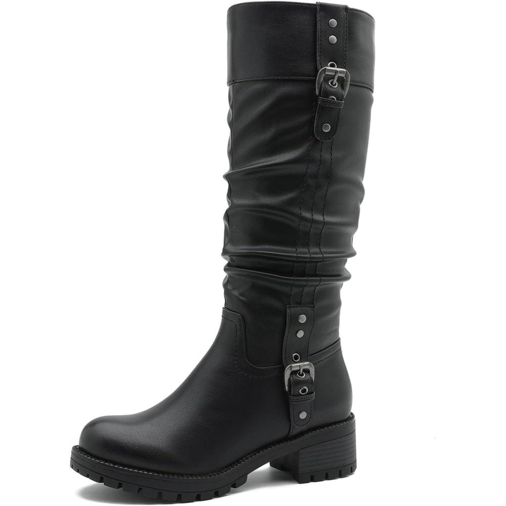 imageGLOBALWIN Womens Black KneeHigh Boots Fashion Dressy Riding Boots Chunky Low Heel Slouchy Design Buckle Detail AllSeason Comfortable 2Inch Heels24yy03 Black