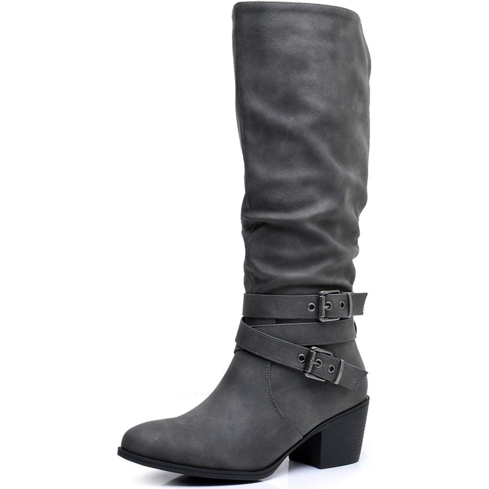 imageGLOBALWIN Womens Knee High Cowboy Boots Minimalist Western Round Toe Cowgirl Boots with Comfortable Block Heel Plain Sleek Design Tall Dress Boots for Women19yy21 Grey2