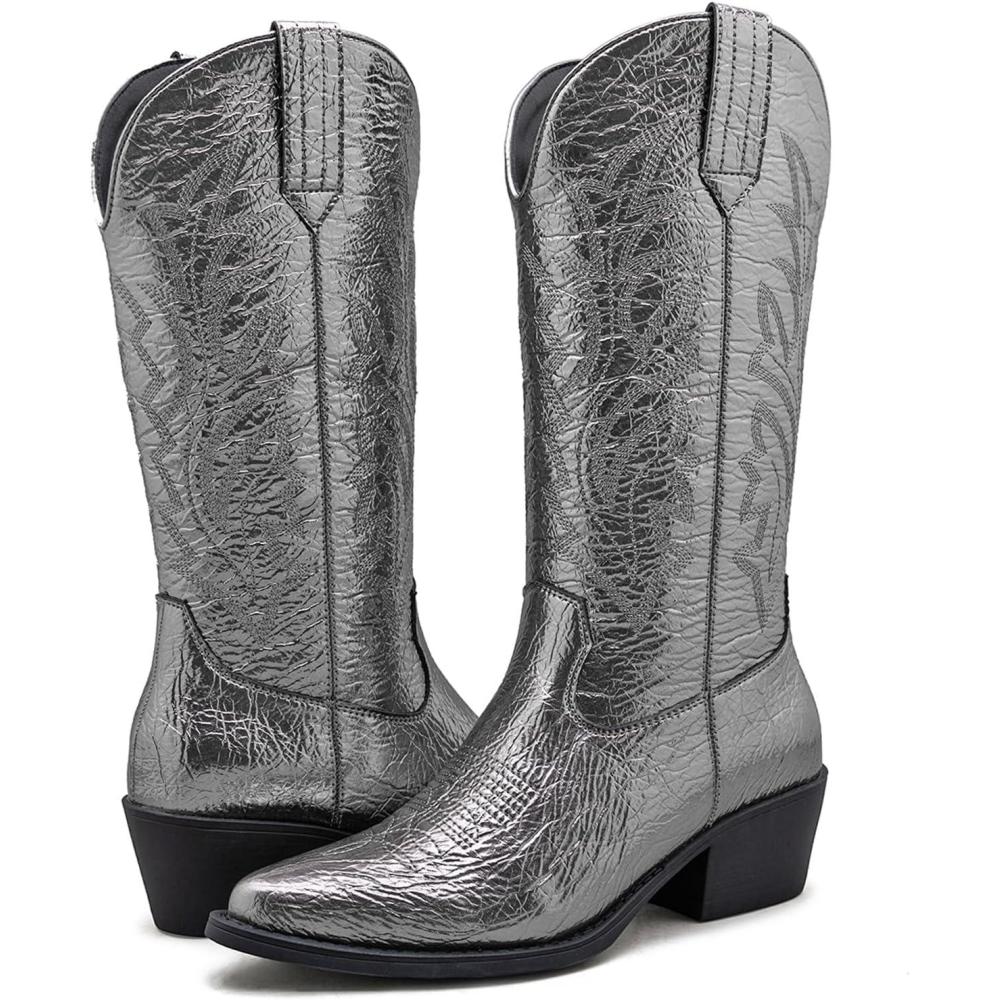 imageGLOBALWIN Womens Mid Calf Western Cowboy Boots Cowgirl Boots for Women with Floral Embroidery Side Zipper Chunky Heel23yy13 Dark Silver2