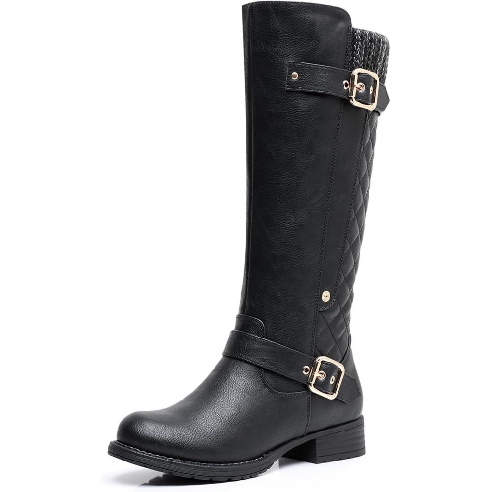 imageGLOBALWIN Womens Quilted Knee High Boots For Women Low Heel Comfortable Fashion Riding Boots19yy01black