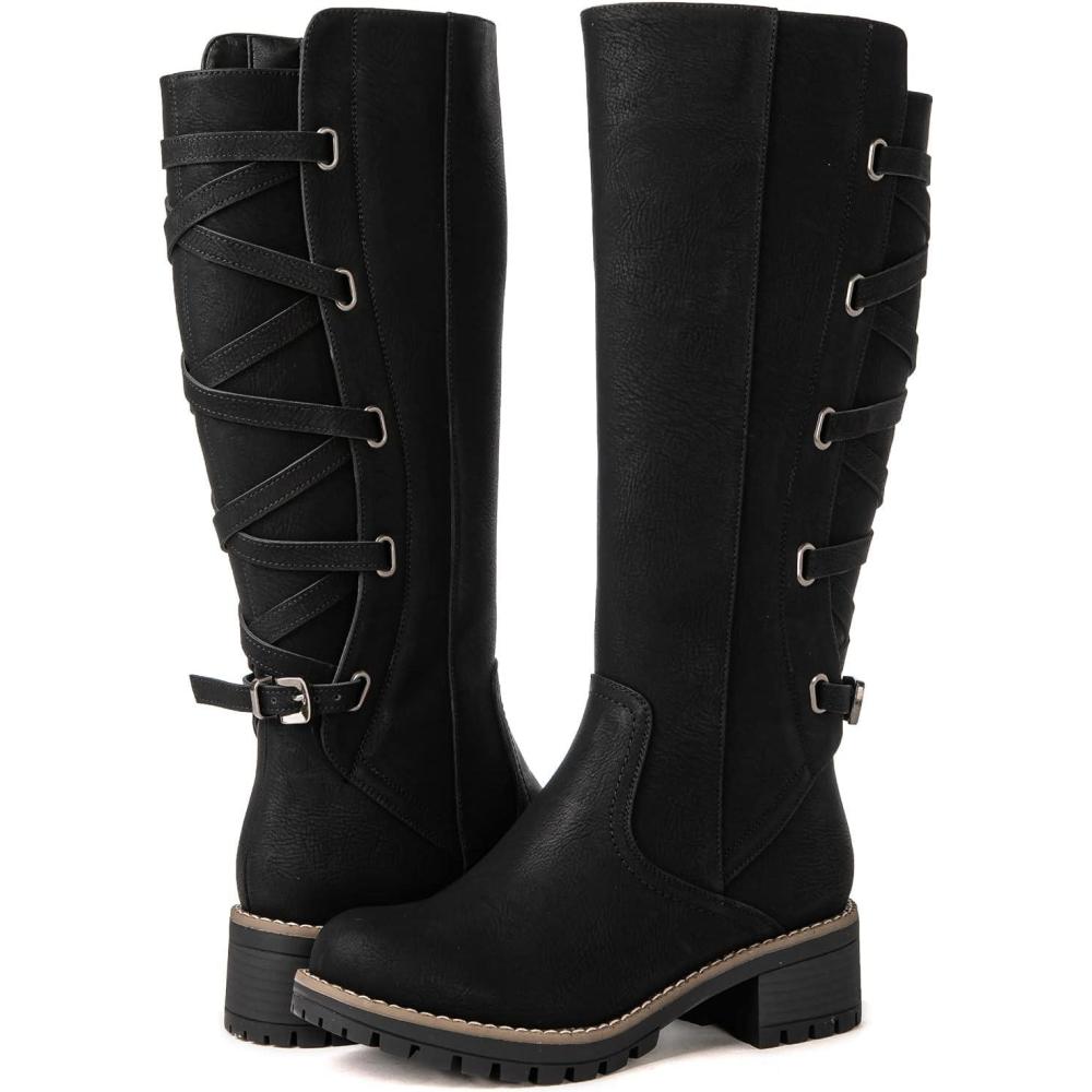 imageGLOBALWIN Womens Strappy Motorcycle Knee High Boots Riding Boots Back Lace Up Fall Winter Fashion Knee High Boots For Women22yy07 Black