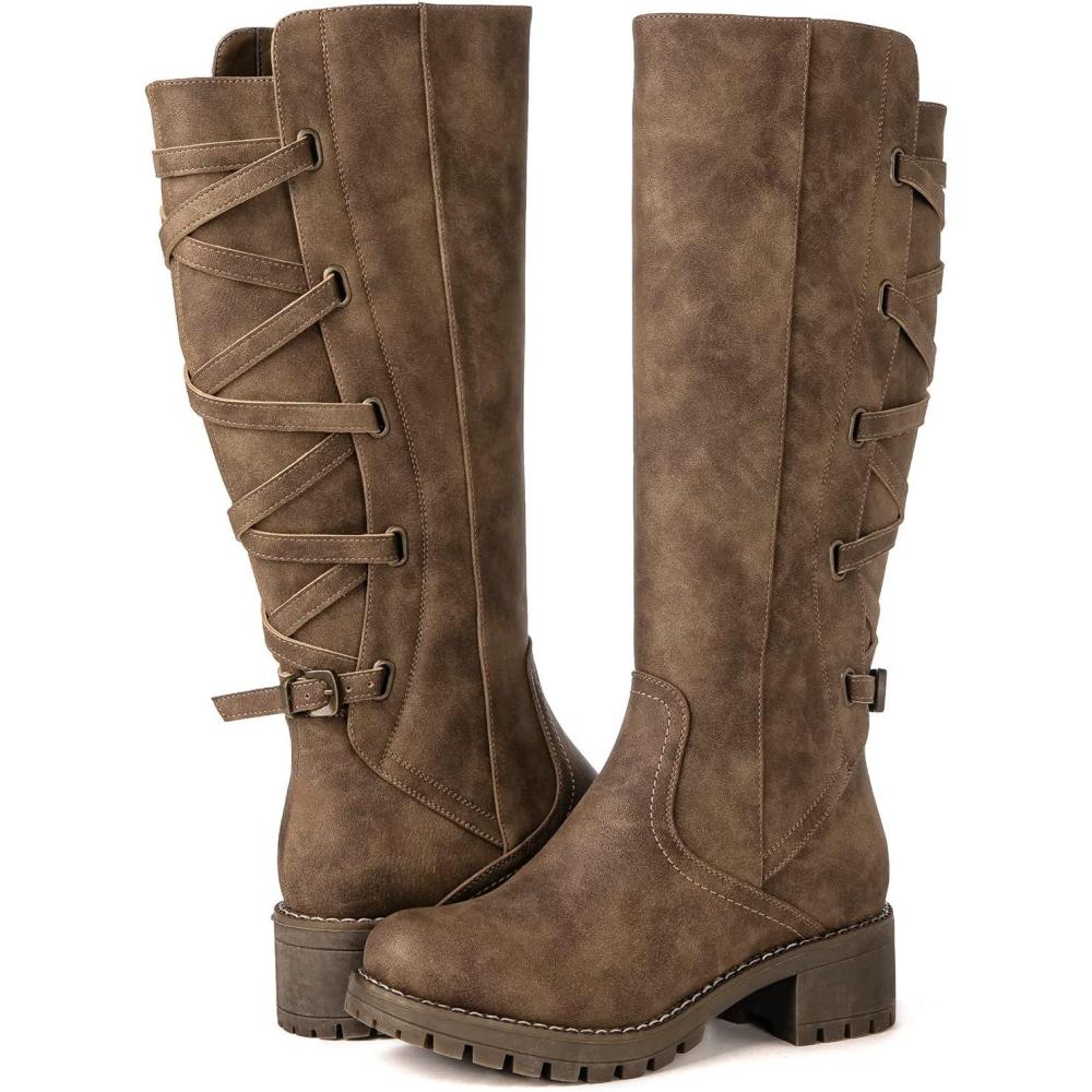 imageGLOBALWIN Womens Strappy Motorcycle Knee High Boots Riding Boots Back Lace Up Fall Winter Fashion Knee High Boots For Women22yy07 Camel2