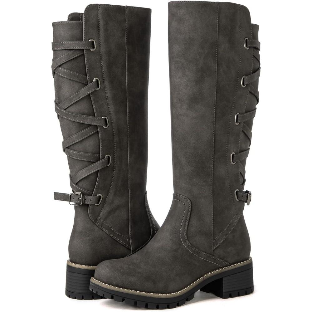 imageGLOBALWIN Womens Strappy Motorcycle Knee High Boots Riding Boots Back Lace Up Fall Winter Fashion Knee High Boots For Women22yy07 Grey