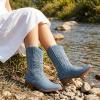 GLOBALWIN Black Cowboy Boots For Women Cowgirl Boots With Low Heel Comfortable Embroidered Western Boots Snip Toe Mid-Calf Boots(Denim Blue)