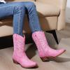 GLOBALWIN Black Cowboy Boots For Women Cowgirl Boots With Low Heel Comfortable Embroidered Western Boots Snip Toe Mid-Calf Boots(Pink)