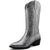 GLOBALWIN Women’s Mid Calf Western Cowboy Boots Cowgirl Boots for Women with Floral Embroidery Side Zipper Chunky Heel(23yy13 Dark Silver2)