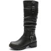 GLOBALWIN Women’s Black Knee-High Boots: Fashion Dressy Riding Boots – Chunky Low Heel, Slouchy Design, Buckle Detail, All-Season, Comfortable 2-Inch Heels(24yy03 Distressed Brown)