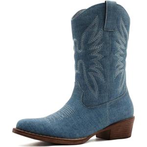 GLOBALWIN Black Cowboy Boots For Women Cowgirl Boots With Low Heel Comfortable Embroidered Western Boots Snip Toe Mid-Calf Boots(Denim Blue)