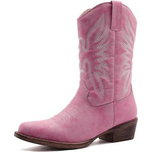 GLOBALWIN Black Cowboy Boots For Women Cowgirl Boots With Low Heel Comfortable Embroidered Western Boots Snip Toe Mid-Calf Boots(Pink)
