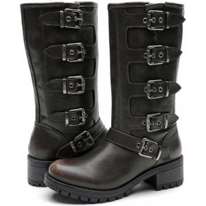 GLOBALWIN Chunky Mid Calf Fashion Dressy Motocycle Biker Military Style Combat Boots for Women Low Heel(23yy11 Brown Distressed)