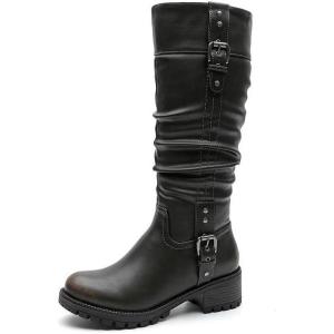GLOBALWIN Women’s Black Knee-High Boots: Fashion Dressy Riding Boots – Chunky Low Heel, Slouchy Design, Buckle Detail, All-Season, Comfortable 2-Inch Heels(24yy03 Distressed Brown)