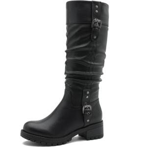GLOBALWIN Women’s Black Knee-High Boots: Fashion Dressy Riding Boots – Chunky Low Heel, Slouchy Design, Buckle Detail, All-Season, Comfortable 2-Inch Heels(24yy03 Black)