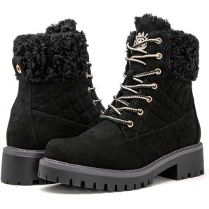 GLOBALWIN Women’s Fall Winter Quilted Ankle Boots – Warm Fleece Lined Winter Booties Combat Boots For Snow and Rain Non-Slip Fashion Ankle Booties(1915 Black2)