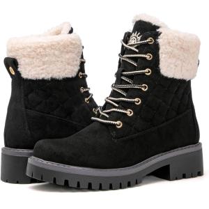 GLOBALWIN Women’s Fall Winter Quilted Ankle Boots – Warm Fleece Lined Winter Booties Combat Boots For Snow and Rain Non-Slip Fashion Ankle Booties(1915black)