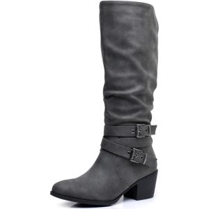 GLOBALWIN Women’s Knee High Cowboy Boots – Minimalist Western Round Toe Cowgirl Boots with Comfortable Block Heel, Plain Sleek Design, Tall Dress Boots for Women(19yy21 Grey2)