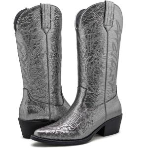 GLOBALWIN Women’s Mid Calf Western Cowboy Boots Cowgirl Boots for Women with Floral Embroidery Side Zipper Chunky Heel(23yy13 Dark Silver2)