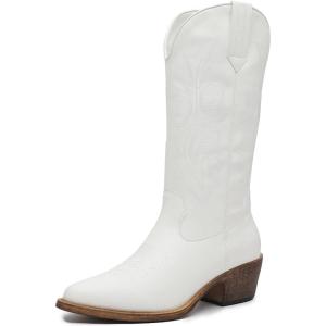 GLOBALWIN Women’s Mid Calf Western Cowboy Boots Cowgirl Boots for Women with Floral Embroidery Side Zipper Chunky Heel(23yy13 White)