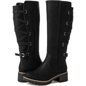GLOBALWIN Women’s Strappy Motorcycle Knee High Boots Riding Boots Back Lace Up Fall Winter Fashion Knee High Boots For Women(22yy07 Black)