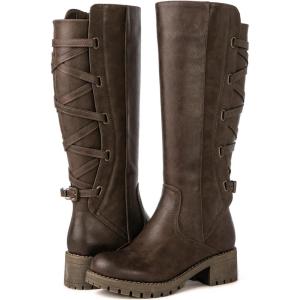 GLOBALWIN Women’s Strappy Motorcycle Knee High Boots Riding Boots Back Lace Up Fall Winter Fashion Knee High Boots For Women(22yy07 Brown)