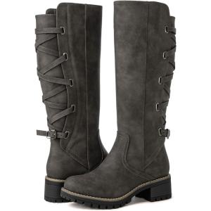 GLOBALWIN Women’s Strappy Motorcycle Knee High Boots Riding Boots Back Lace Up Fall Winter Fashion Knee High Boots For Women(22yy07 Grey)