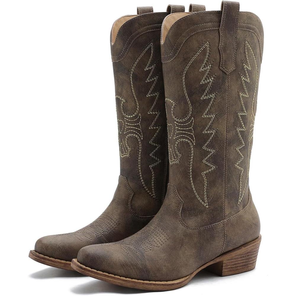 imageGLOBALWIN Womens Cowboy Boots Comfortable Brown Cowgirl Boots For Daily Wear Work amp Travel Square Toe Fall Boots With Low Heel And Easy Side Zipper Versatile Mid Calf Boots For Women25yy08 Brown