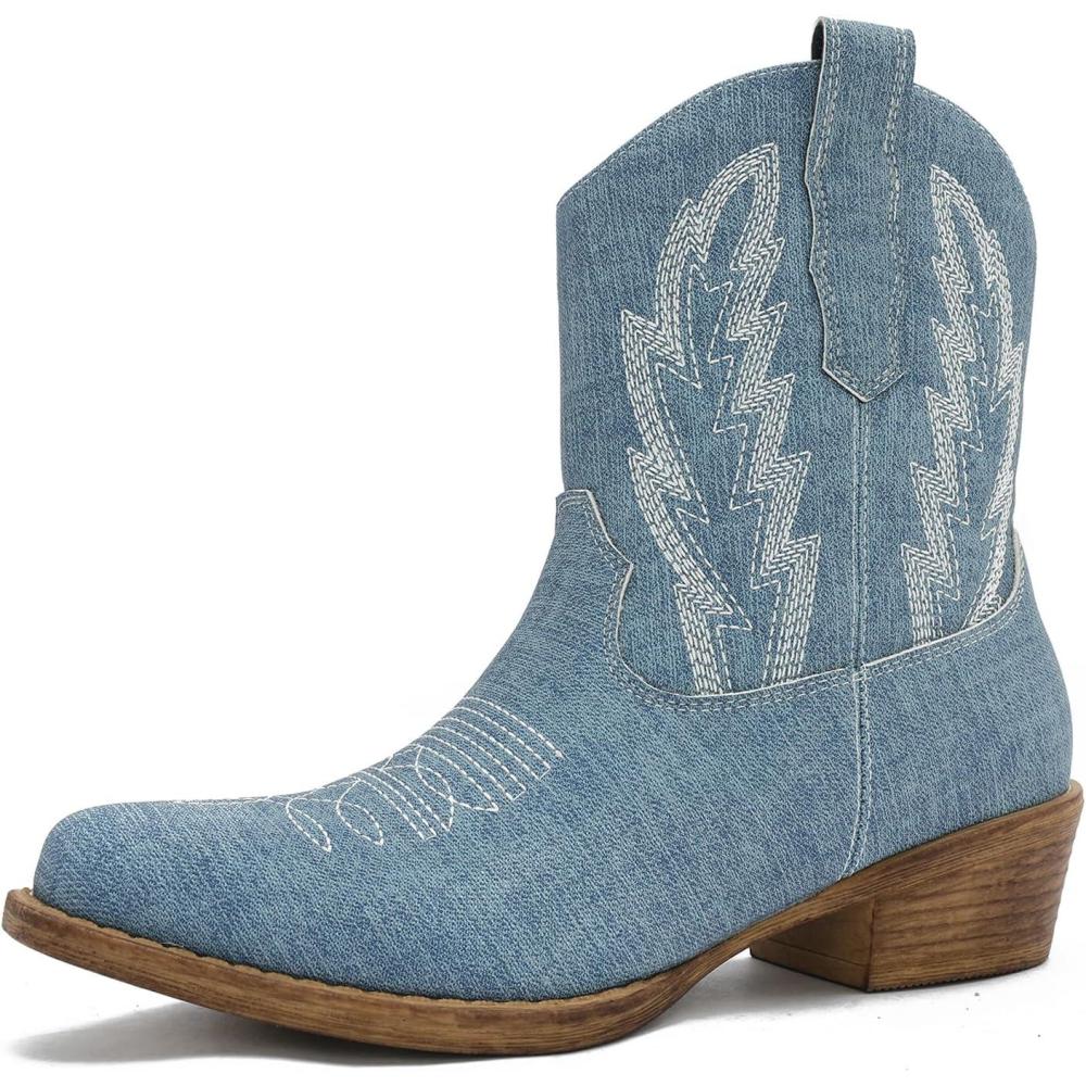 imageGLOBALWIN Womens Western Ankle Boots Snip Toe Cowboy Boots For Women Embroidered Retro Chunky Block Heel Comfortable Fashion Short Boots For Nashville Outfits Cowgirl Outfits And Country Concert25yy06 Denim Blue