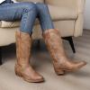 GLOBALWIN Women’s Square Toe Cowgirl Boots Classic Mid-Calf Cowboy Boots With Embroidered Stitching Low Heel Comfortable Western Boots For Country Outfits(25yy03 Camel)