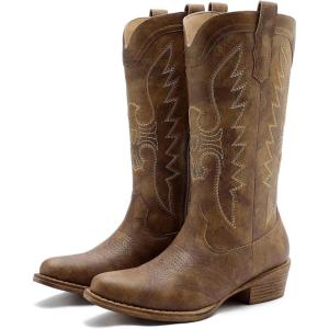 GLOBALWIN Women’s Cowboy Boots Comfortable Brown Cowgirl Boots For Daily Wear, Work & Travel Square Toe Fall Boots With Low Heel And Easy Side Zipper Versatile Mid Calf Boots For Women(25yy08 Camel)