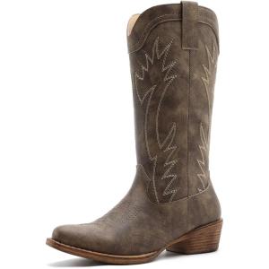 GLOBALWIN Women’s Square Toe Cowgirl Boots Classic Mid-Calf Cowboy Boots With Embroidered Stitching Low Heel Comfortable Western Boots For Country Outfits(25yy03 Brown)