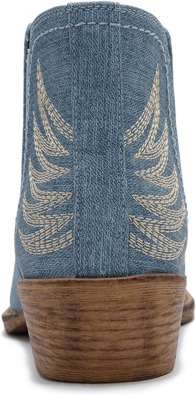 imageGLOBALWIN Womens Western Ankle Booties Snipped Square Toe Embroidered Cowboy Chelsea Boots Low Stacked Block Heel Comfortable PullOn Short Cowgirl Boots25yy05 Denim Blue