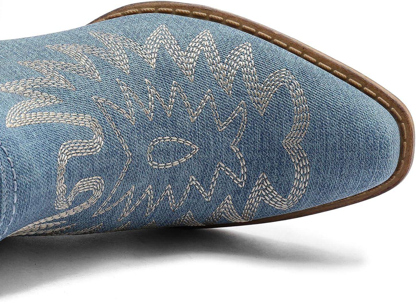 imageGLOBALWIN Womens Western Ankle Booties Snipped Square Toe Embroidered Cowboy Chelsea Boots Low Stacked Block Heel Comfortable PullOn Short Cowgirl Boots25yy05 Denim Blue