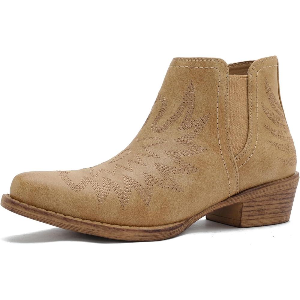 imageGLOBALWIN Womens Western Ankle Booties Snipped Square Toe Embroidered Cowboy Chelsea Boots Low Stacked Block Heel Comfortable PullOn Short Cowgirl Boots25yy05 Khaki