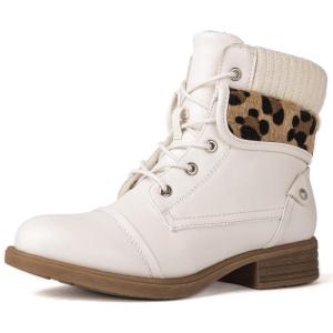 GLOBALWIN Women’s Combat Boots Dressy Lace Up Ankle Boots For Women Low Heel(1815 White)