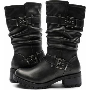 GLOBALWIN Women’s Mid Calf Dress Boots Biker Motorcycle Riding Boots Women For Women(21yy08 Grey Distressed Metallic)